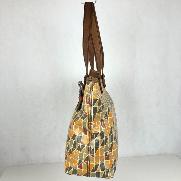 Fossil Key-Per Calypso Brown Grey Orange Cowhide Leather Trim Shoulder Bag Purse - Picture 4 of 12